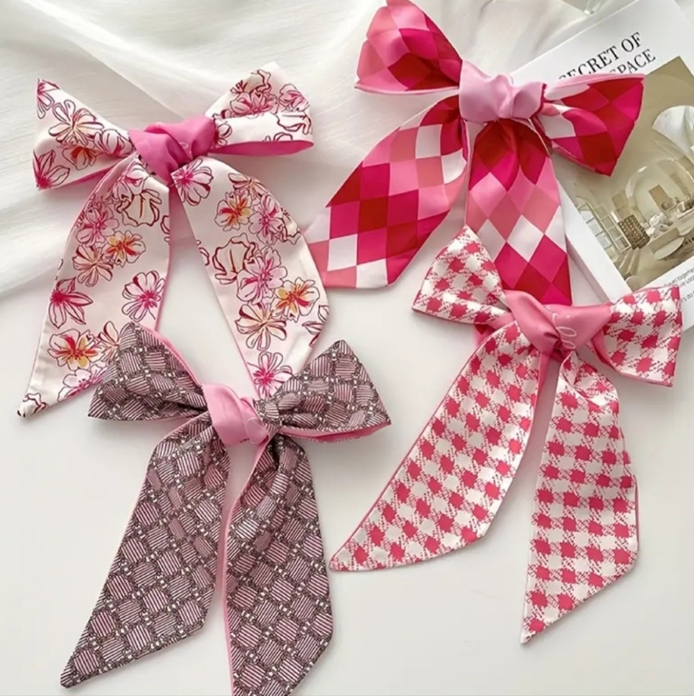 Floral and Geometric Pink Satin Twillies/Scarves Set 4 Pcs. - Picture 2 of 6